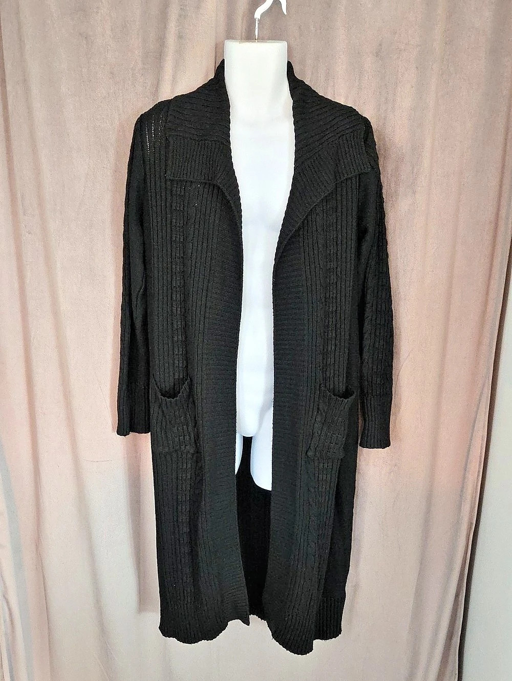 MRHLL by Christie Brinkley Ribbed Long Cardigan in Black Size Large